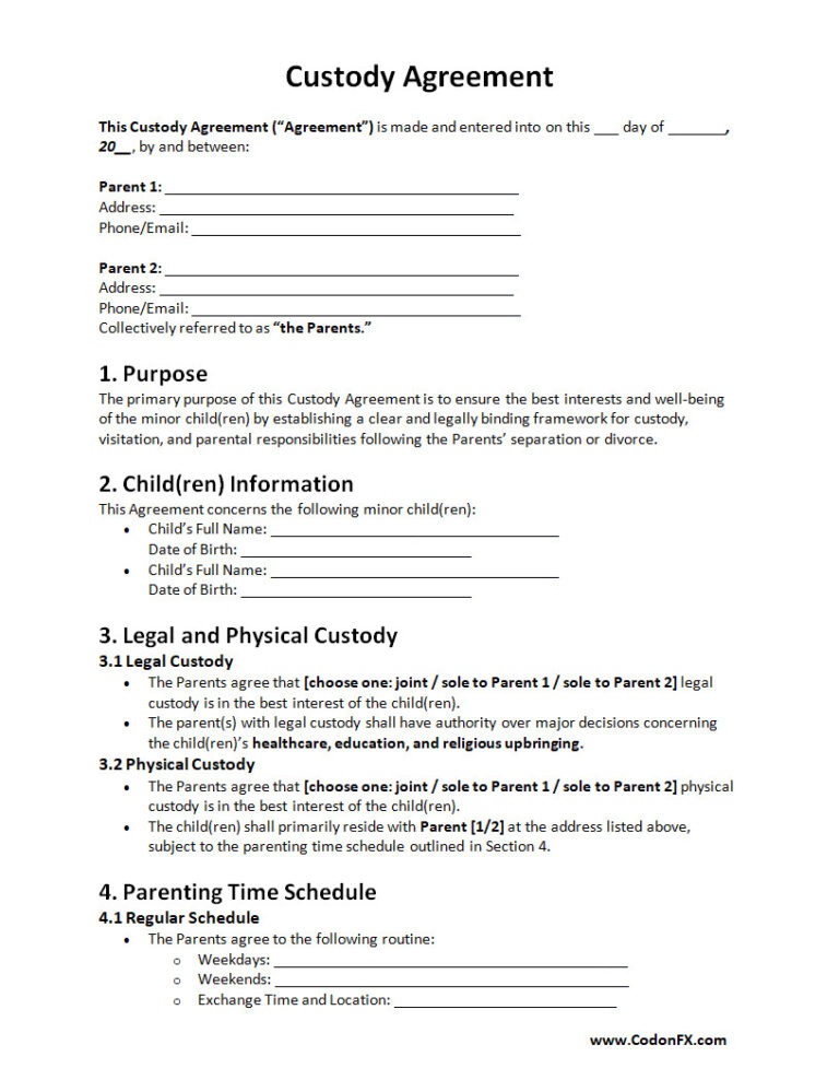 Computer Custody Form Customizable Custody Agreement Template