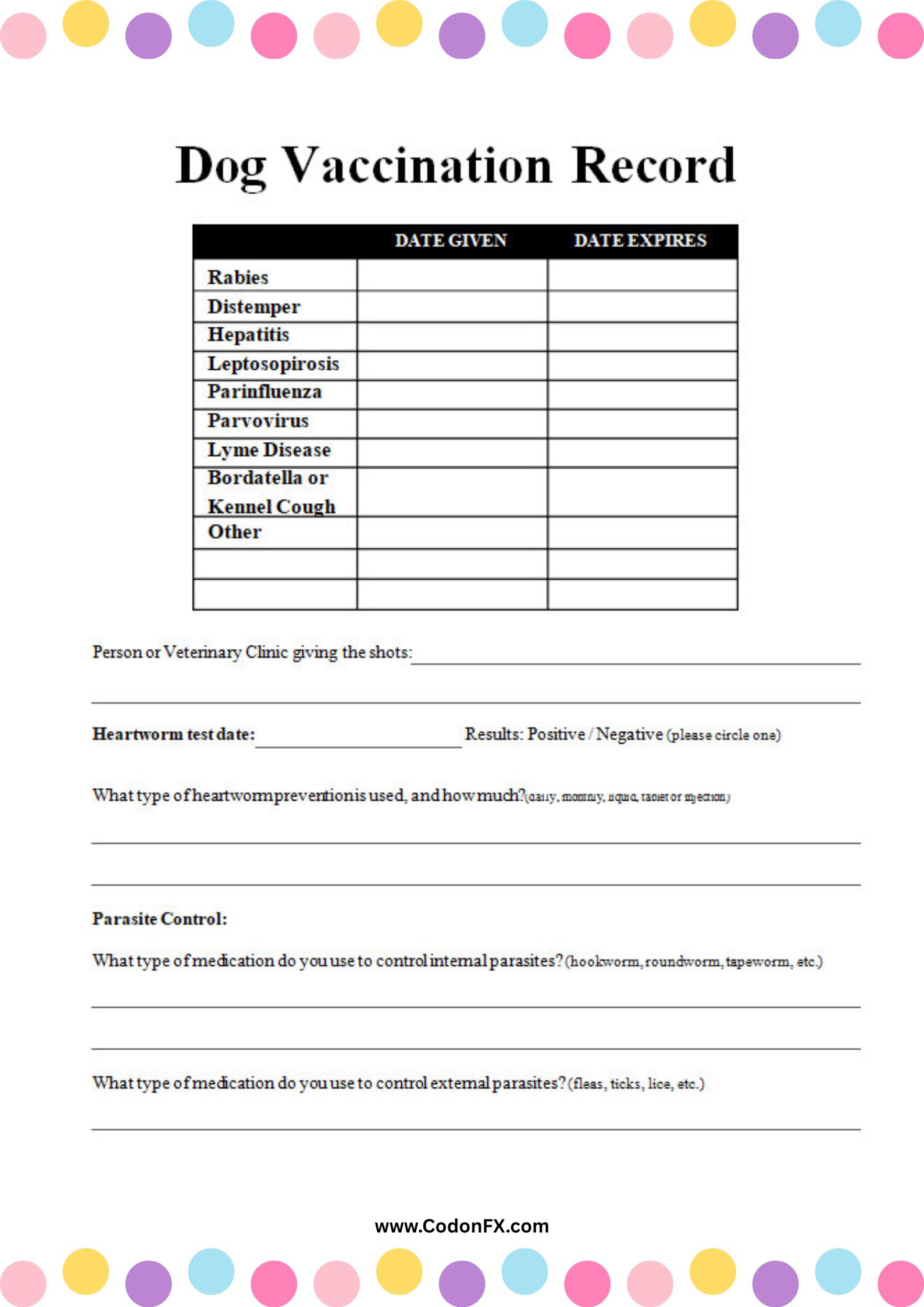 Dog Vaccination Record Template