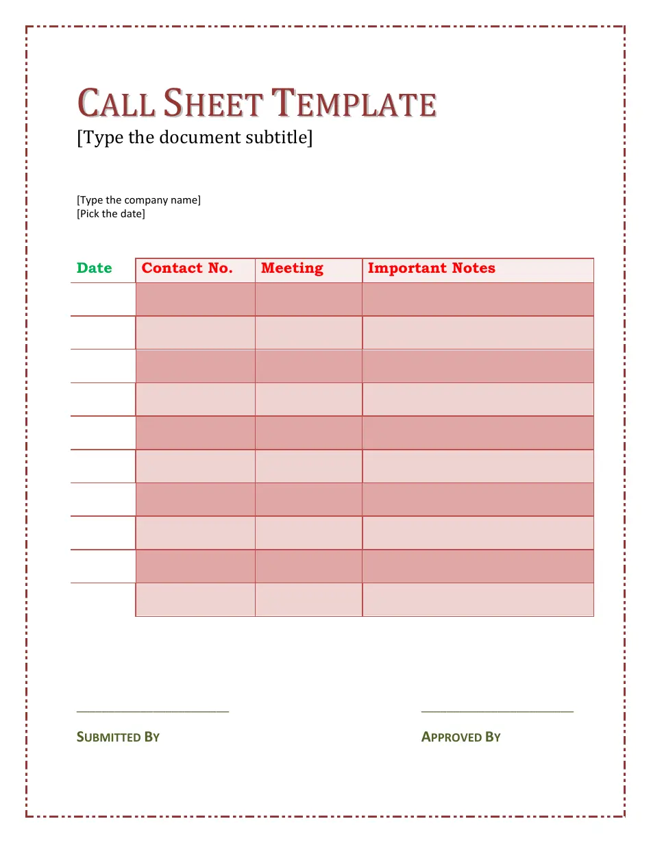 Example Call Sheet Template Example Call Sheet Template