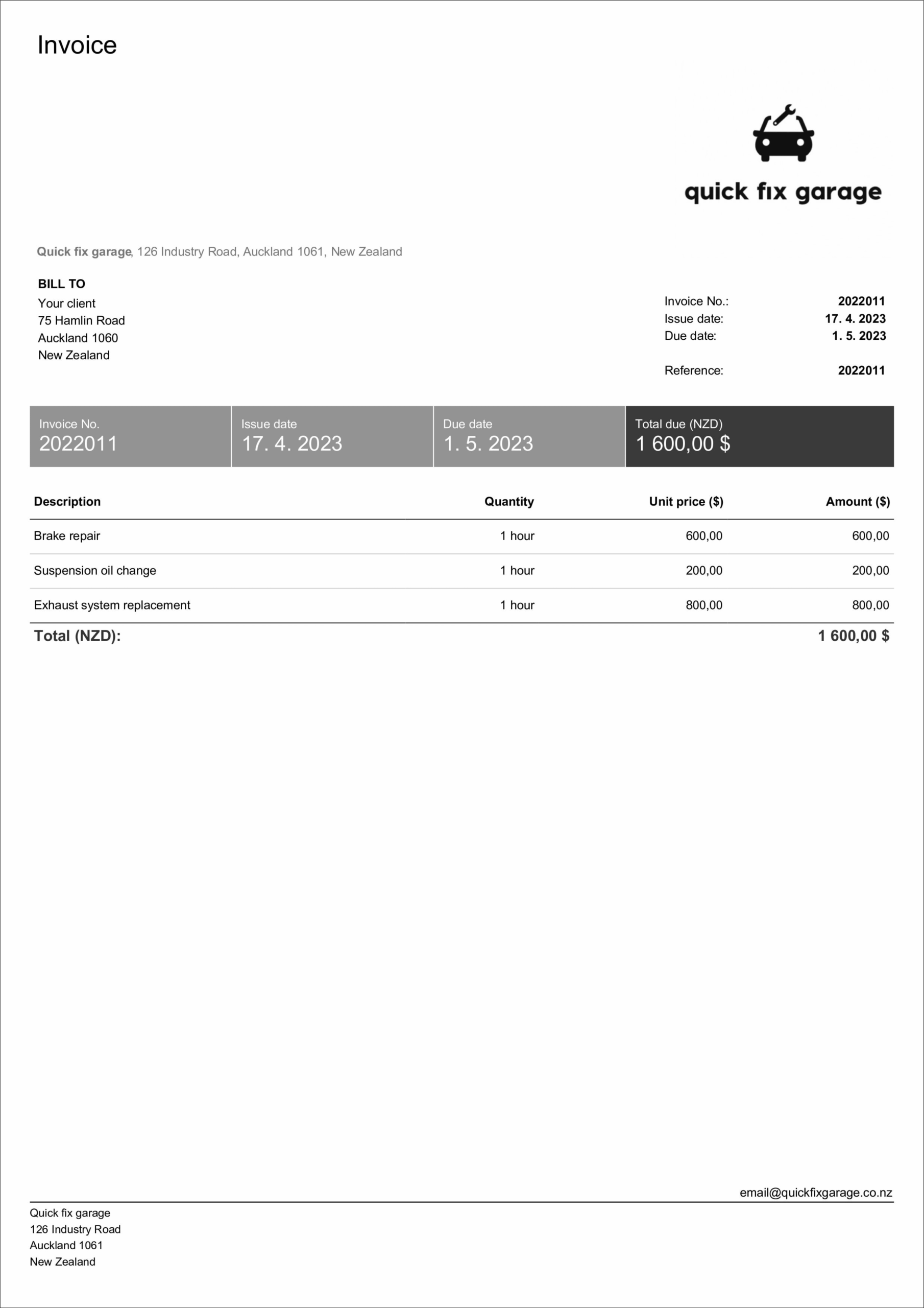 Example Car Repair Invoice Template Example Car Repair Invoice Template