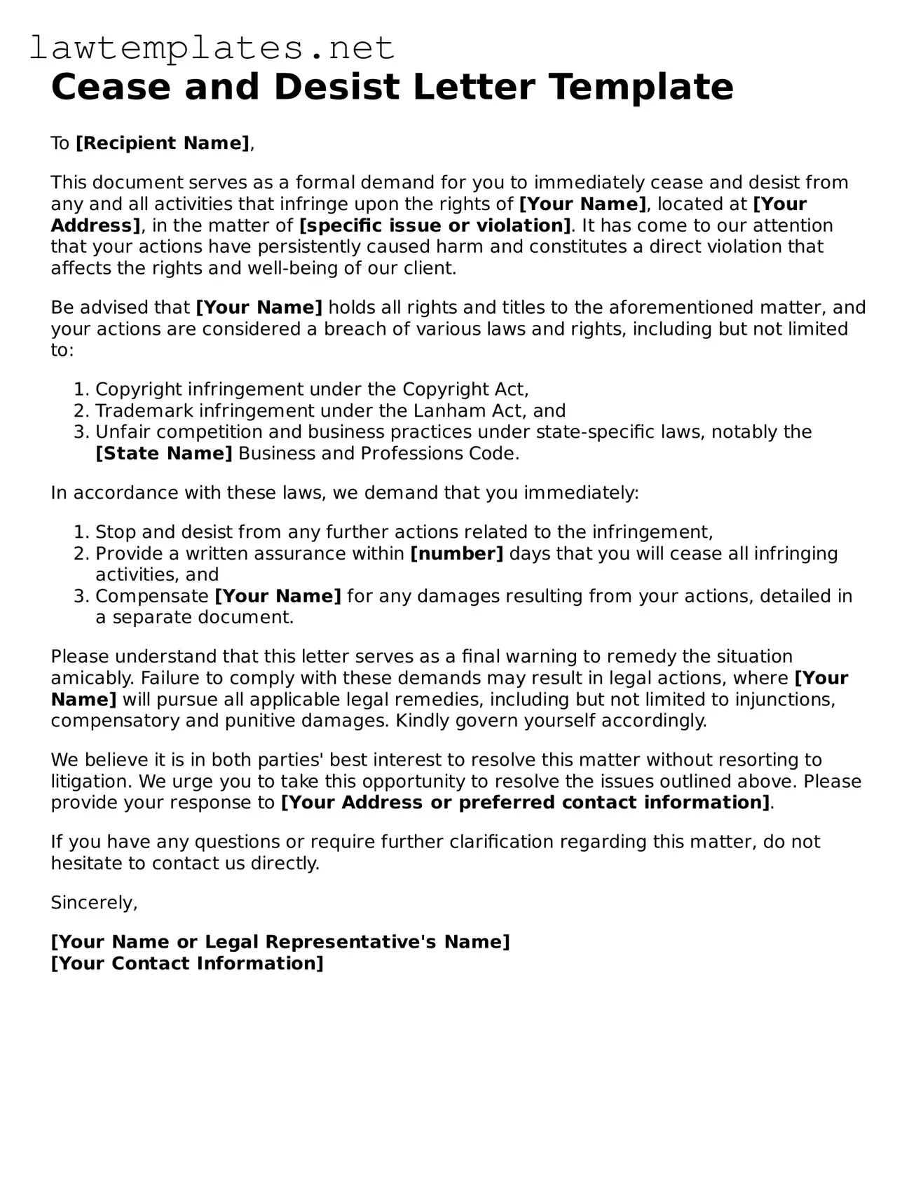 Example Cease and Desist Letter Template Example Cease and Desist Letter Template