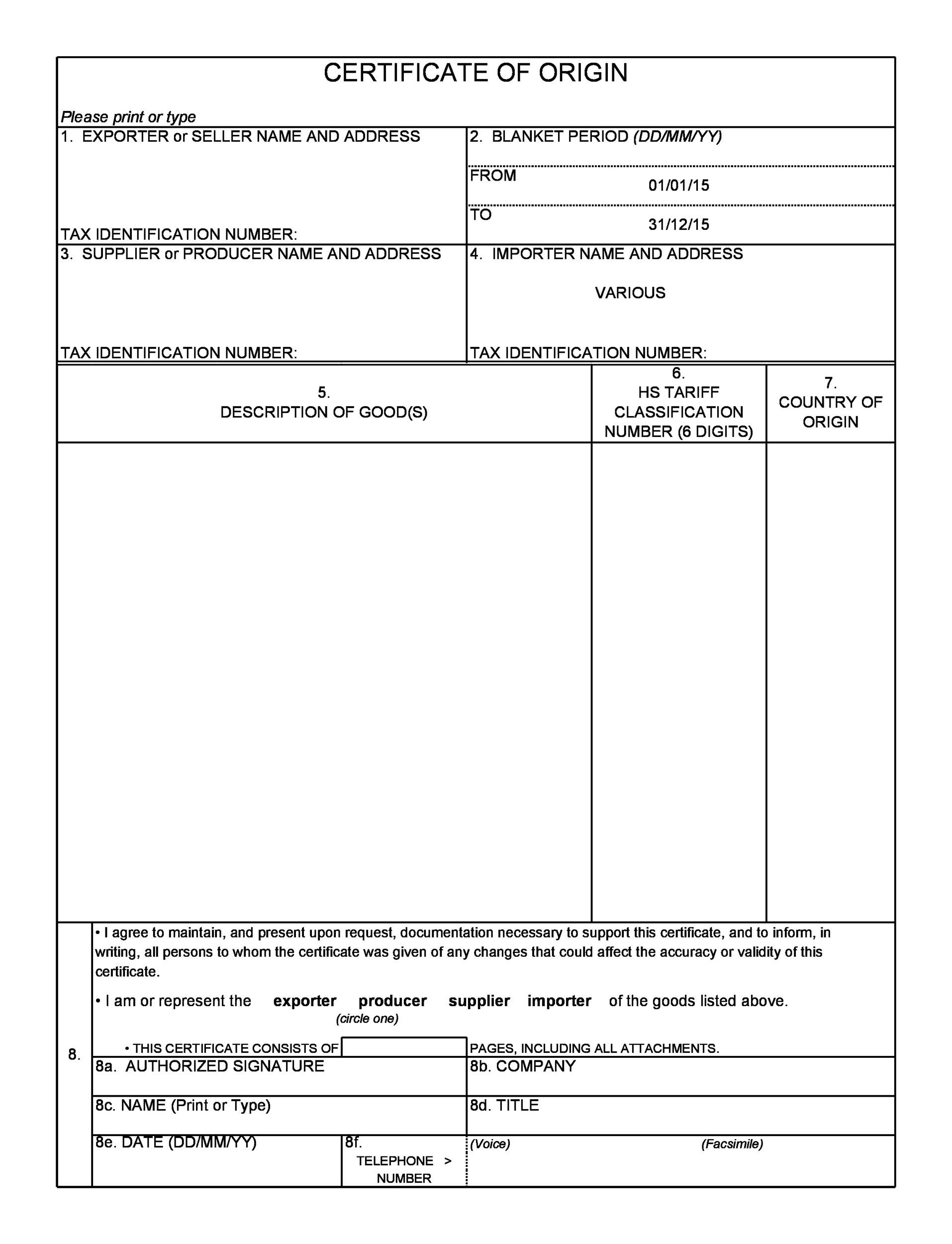 Example Certificate of Origin Template Example Certificate of Origin Template