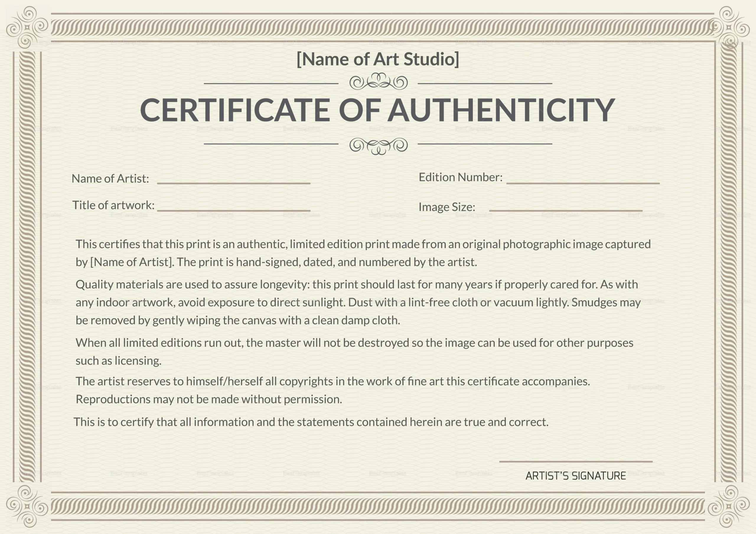 Example of Authenticity Certificate Template