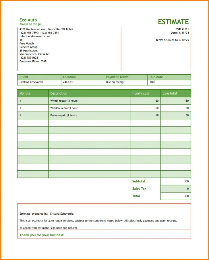 Example of Auto Repair Estimate Template