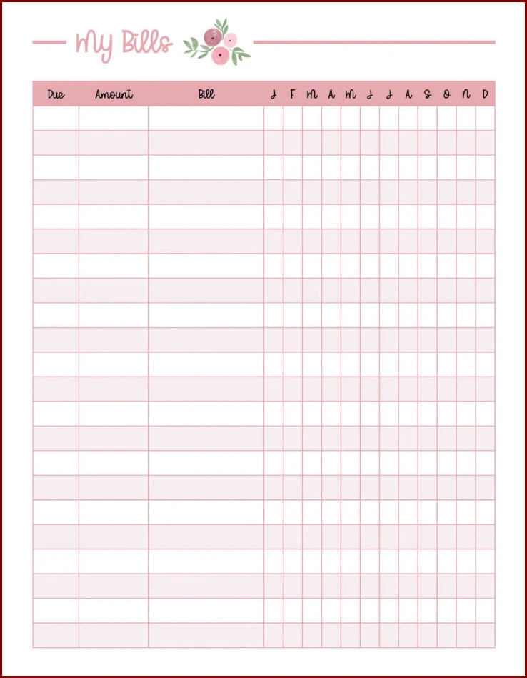 Example of Bill Organizer Template