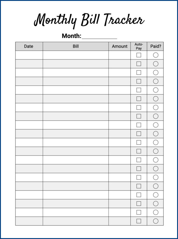 Example of Bill Tracker Template