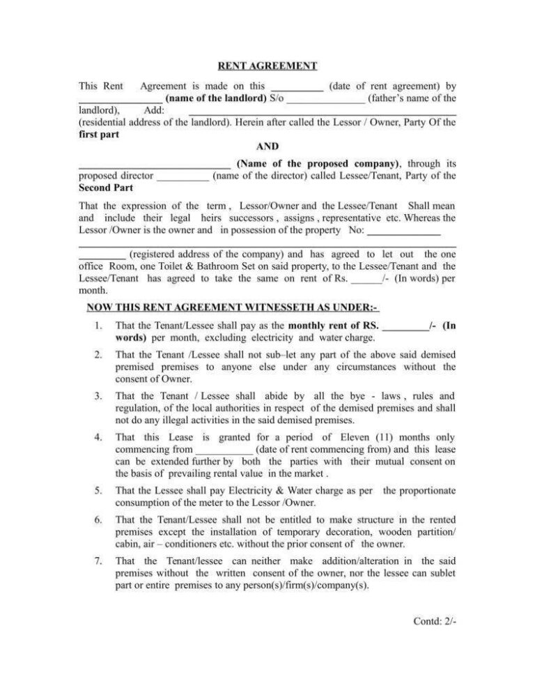 House Rent Agreement Template (Word)