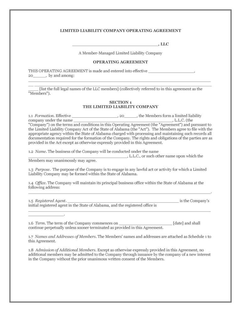 Printable LLC Operating Agreement Template