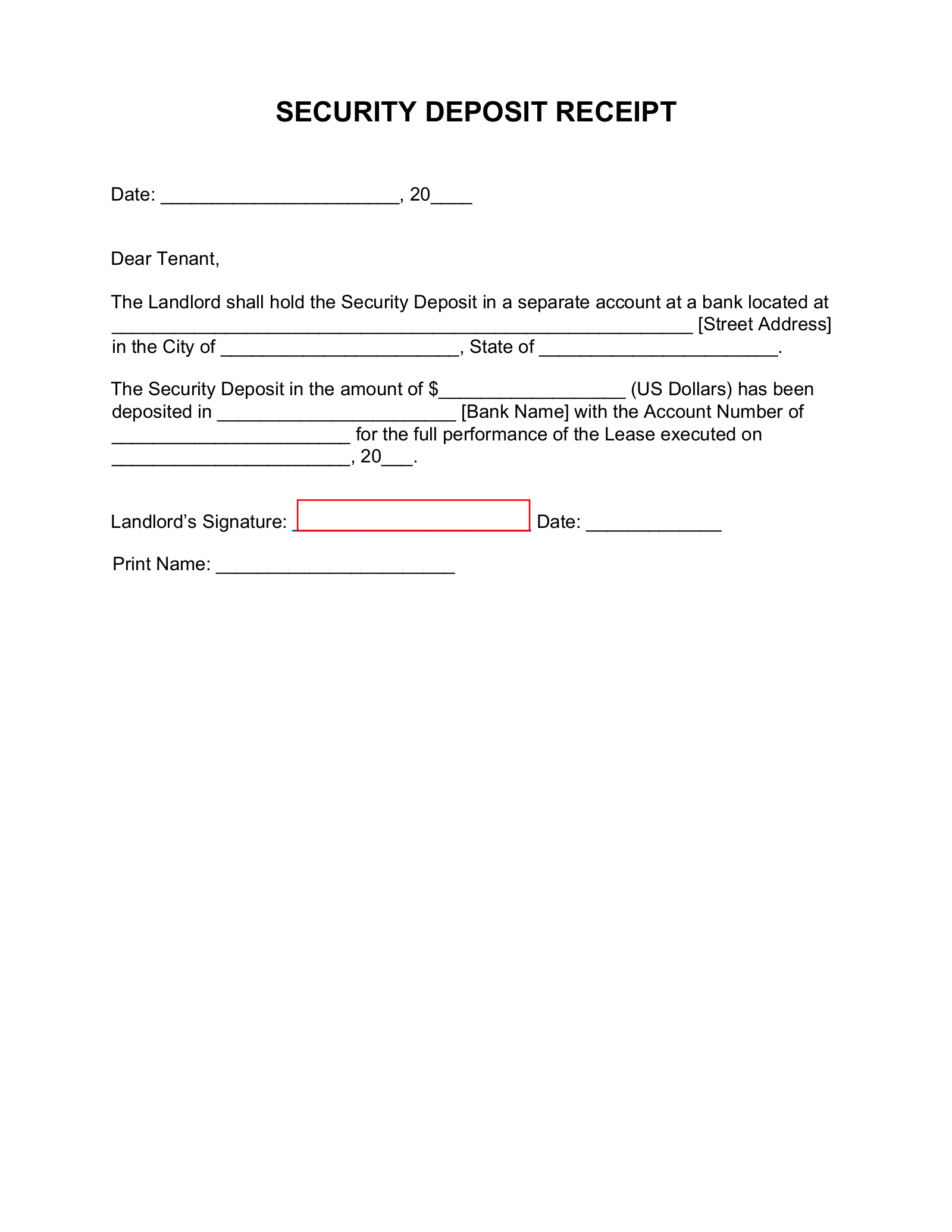 Example of Security Deposit Receipt Template Example of Security Deposit Receipt Template