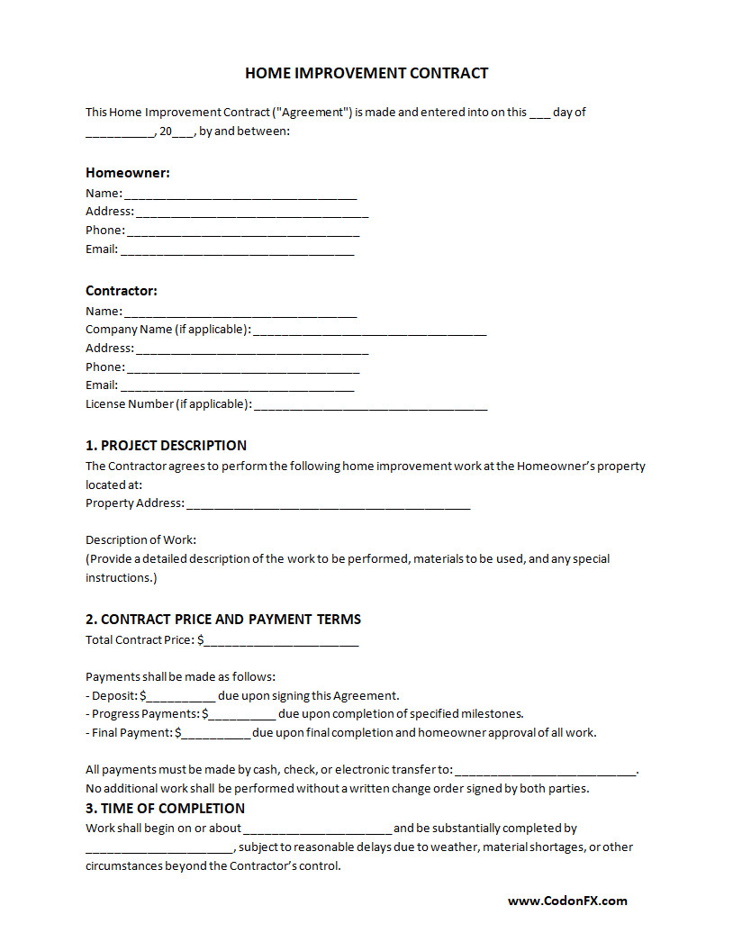 Home Improvement Contract Template Home Improvement Contract Template