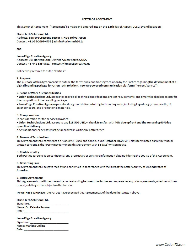 Letter of Agreement Template Letter of Agreement Template