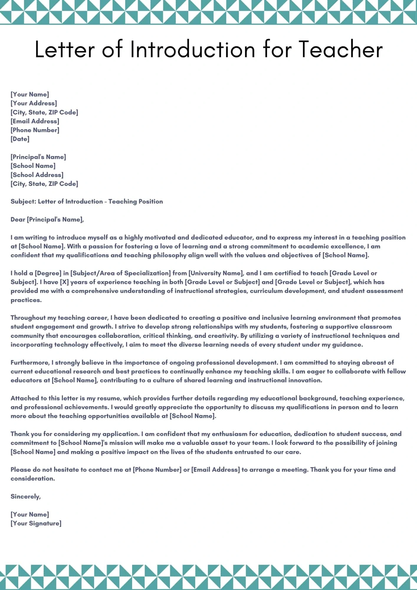 Letter of Introduction for Teacher Letter of Introduction for Teacher