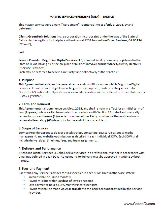 Master Service Agreement Template Master Service Agreement Template Word