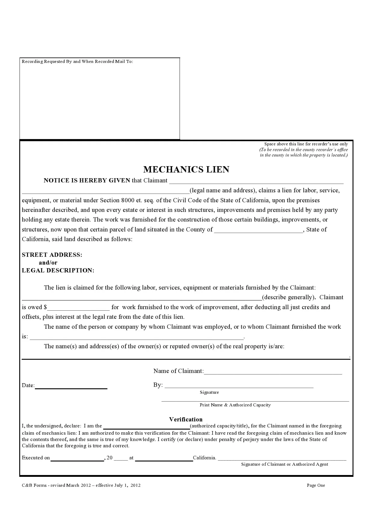 Mechanics Lien Form Template Word
