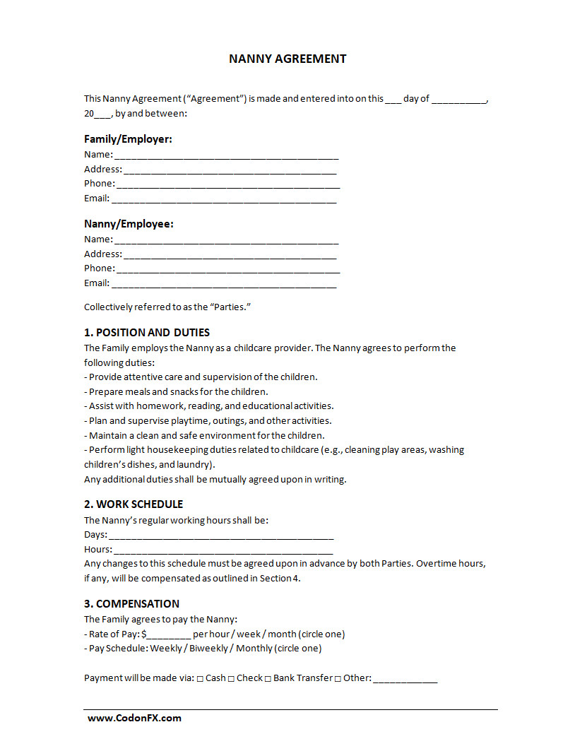 Nanny Agreement Template Simple Nanny Agreement Template