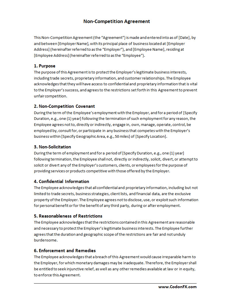Non competition Agreement Template Non competition Agreement Template