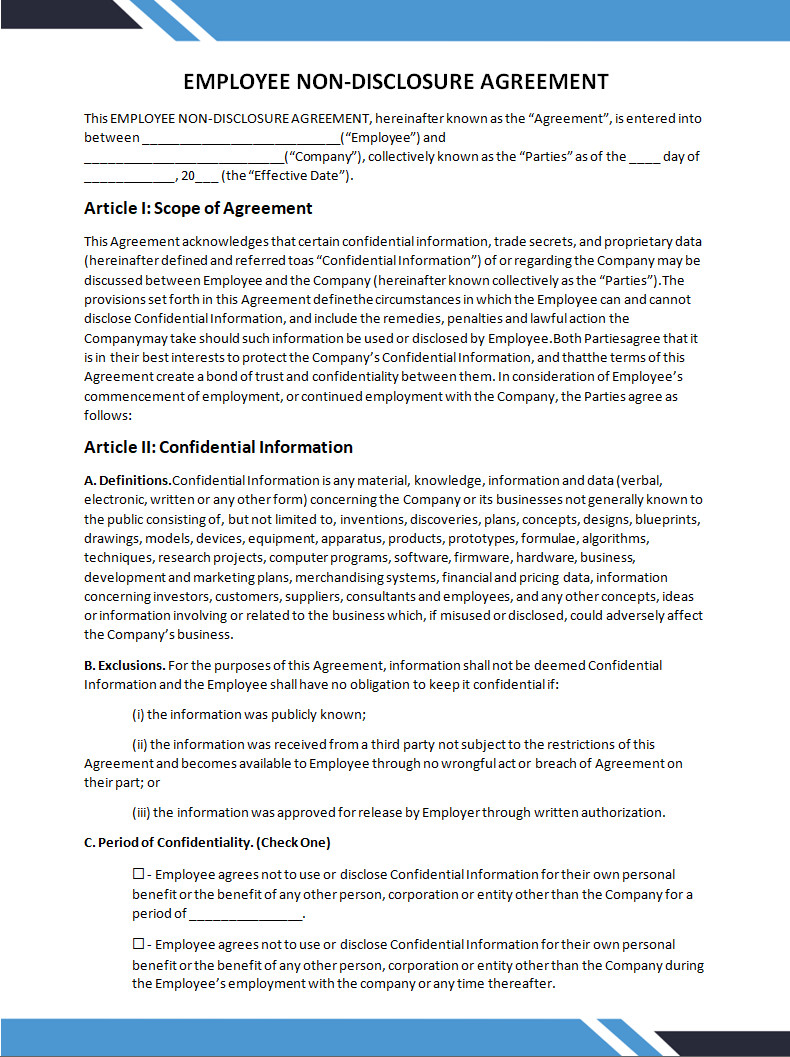 Non disclosure Agreement Template for Employees