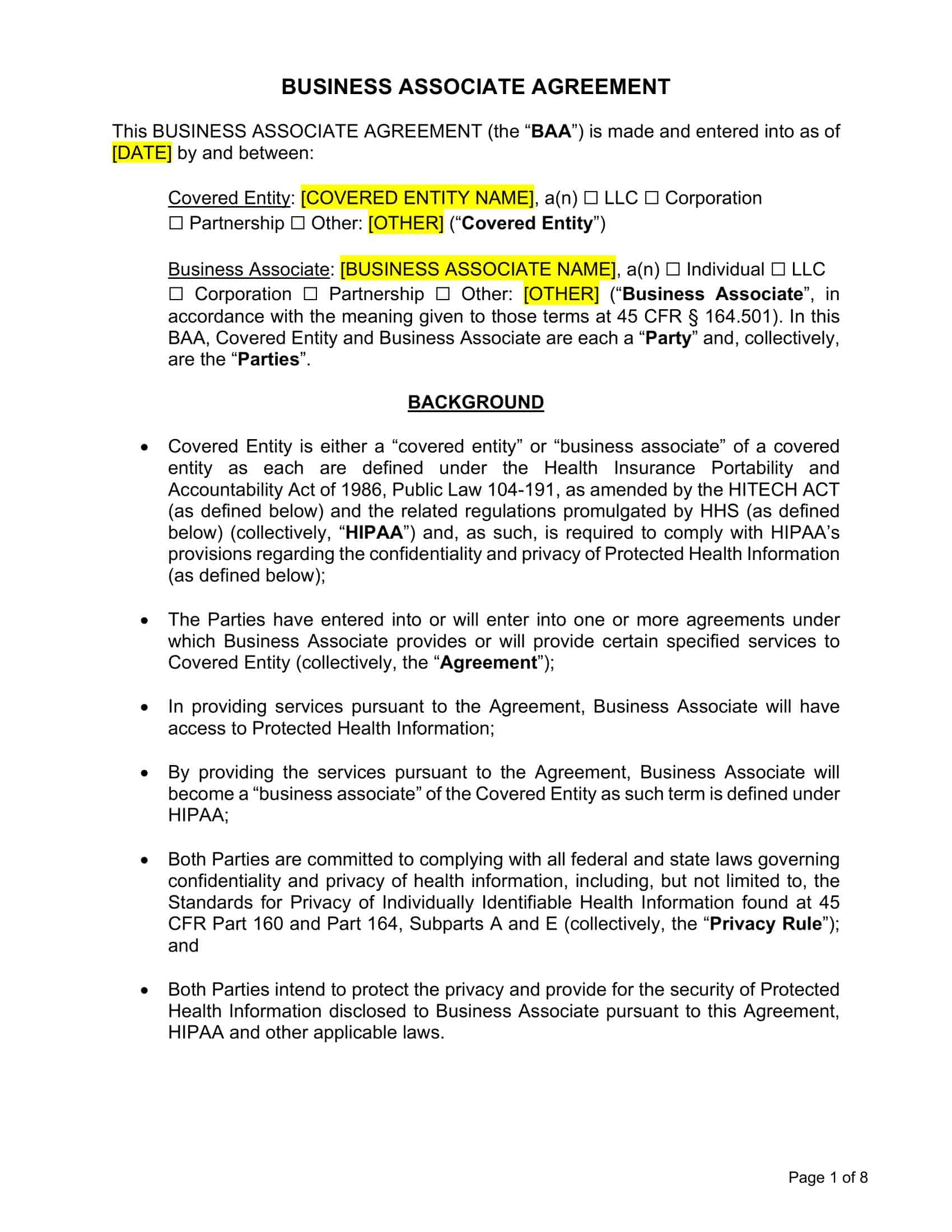 Printable Business Associate Agreement Template