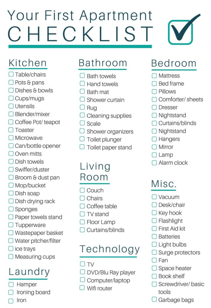 Printable First Apartment Checklist Template