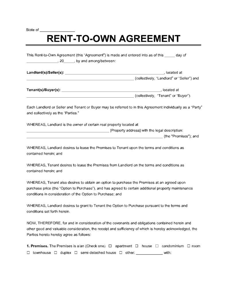 Own Use Form Rent To Own Contract Form For Houses