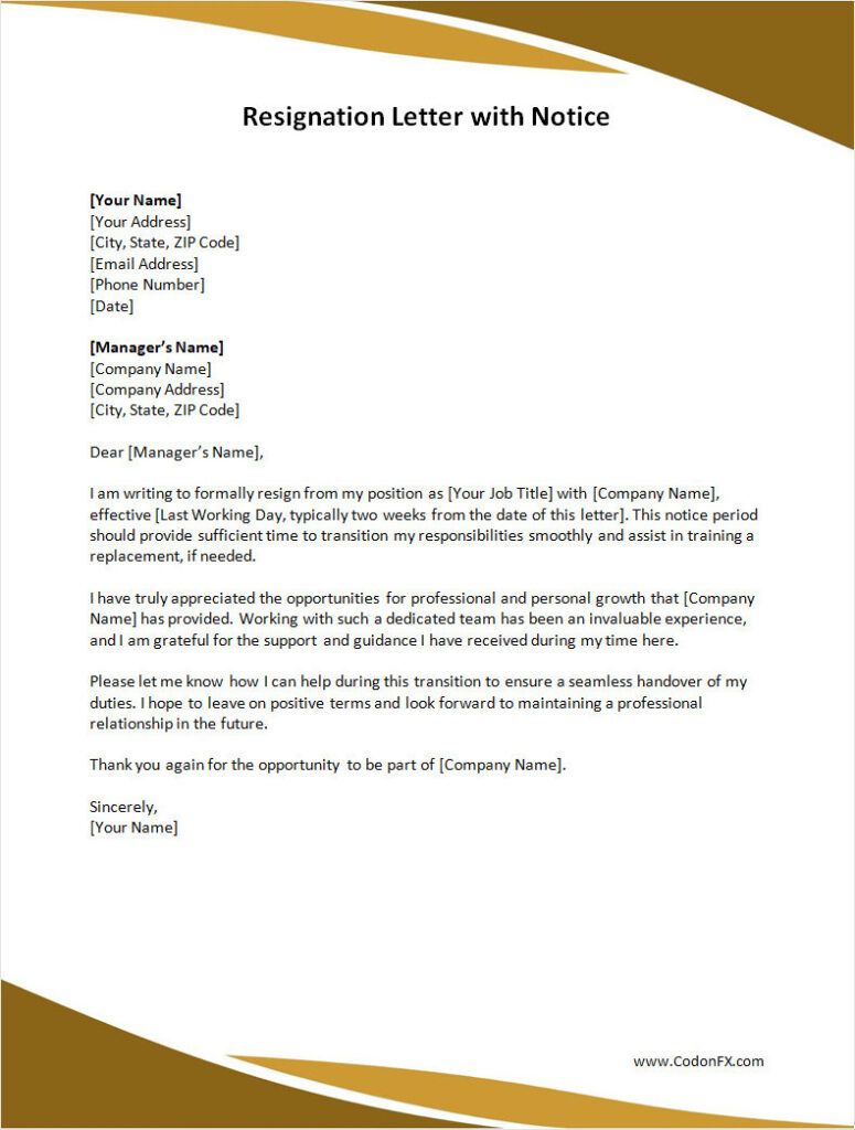 Resignation Letter With Notice Template (Word)
