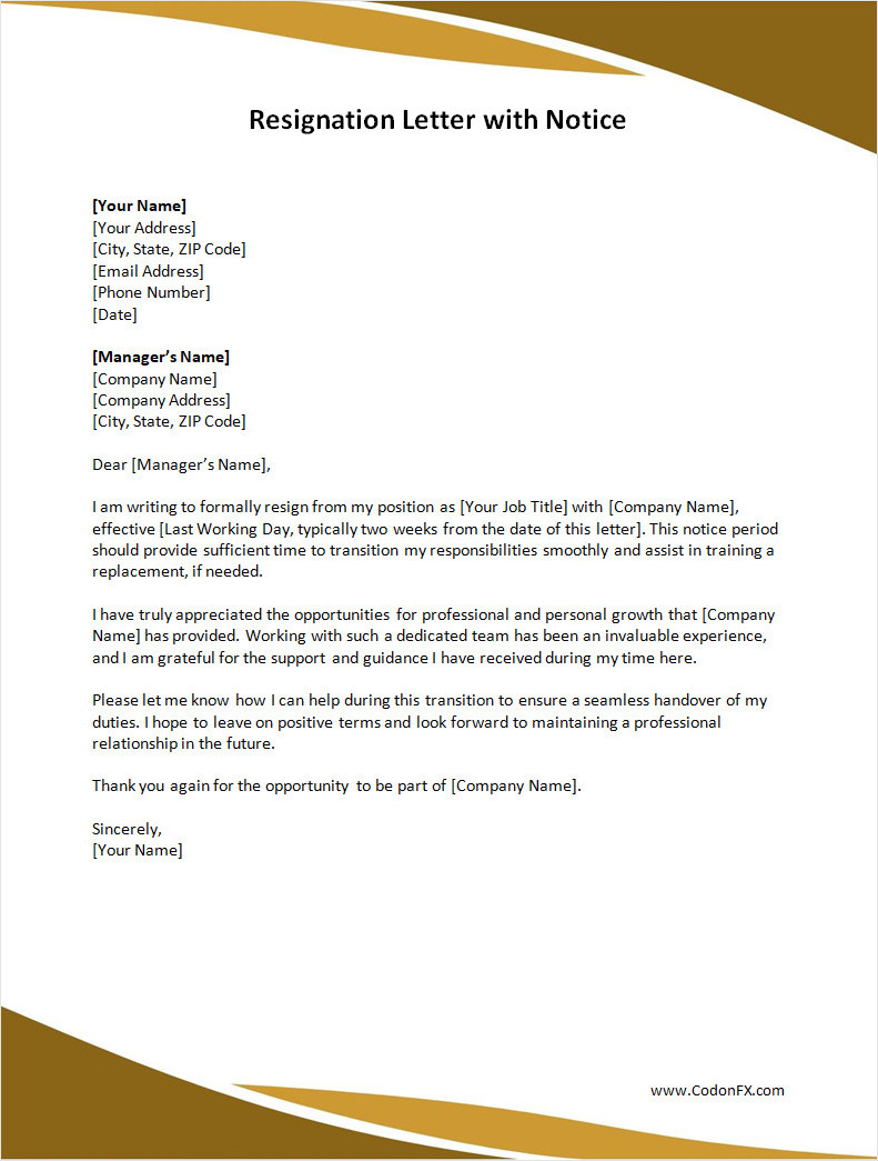 Resignation Letter with Notice Resignation Letter with Notice Template Word