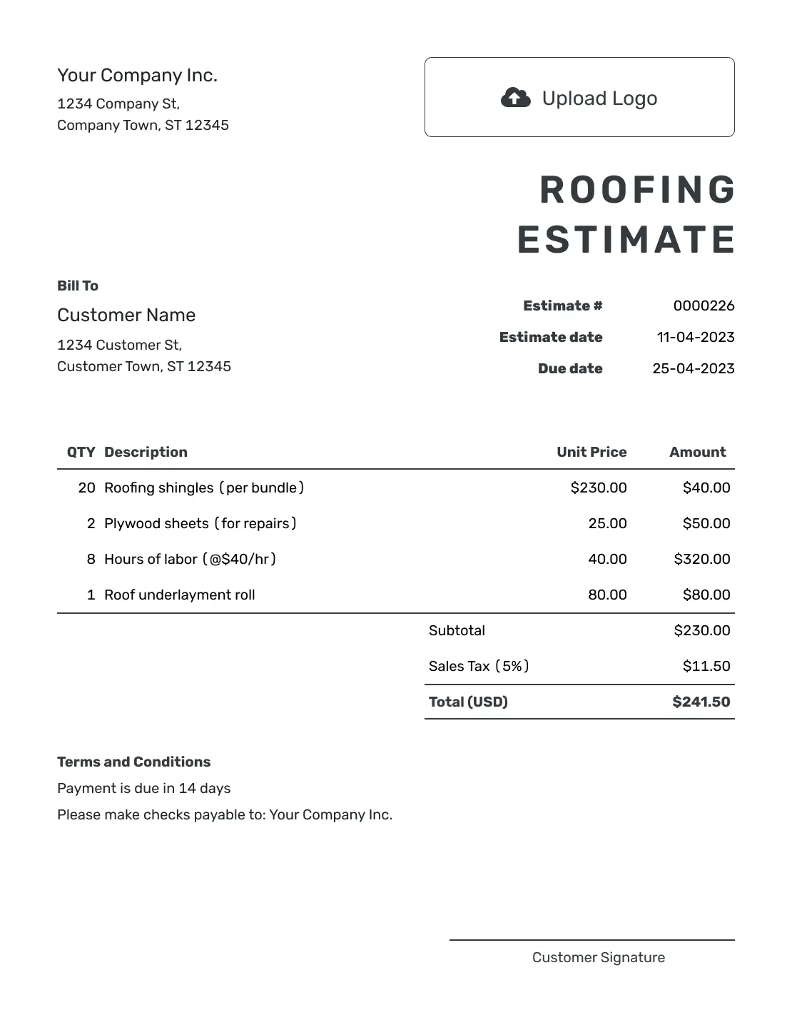 Simple Roof Estimate Template