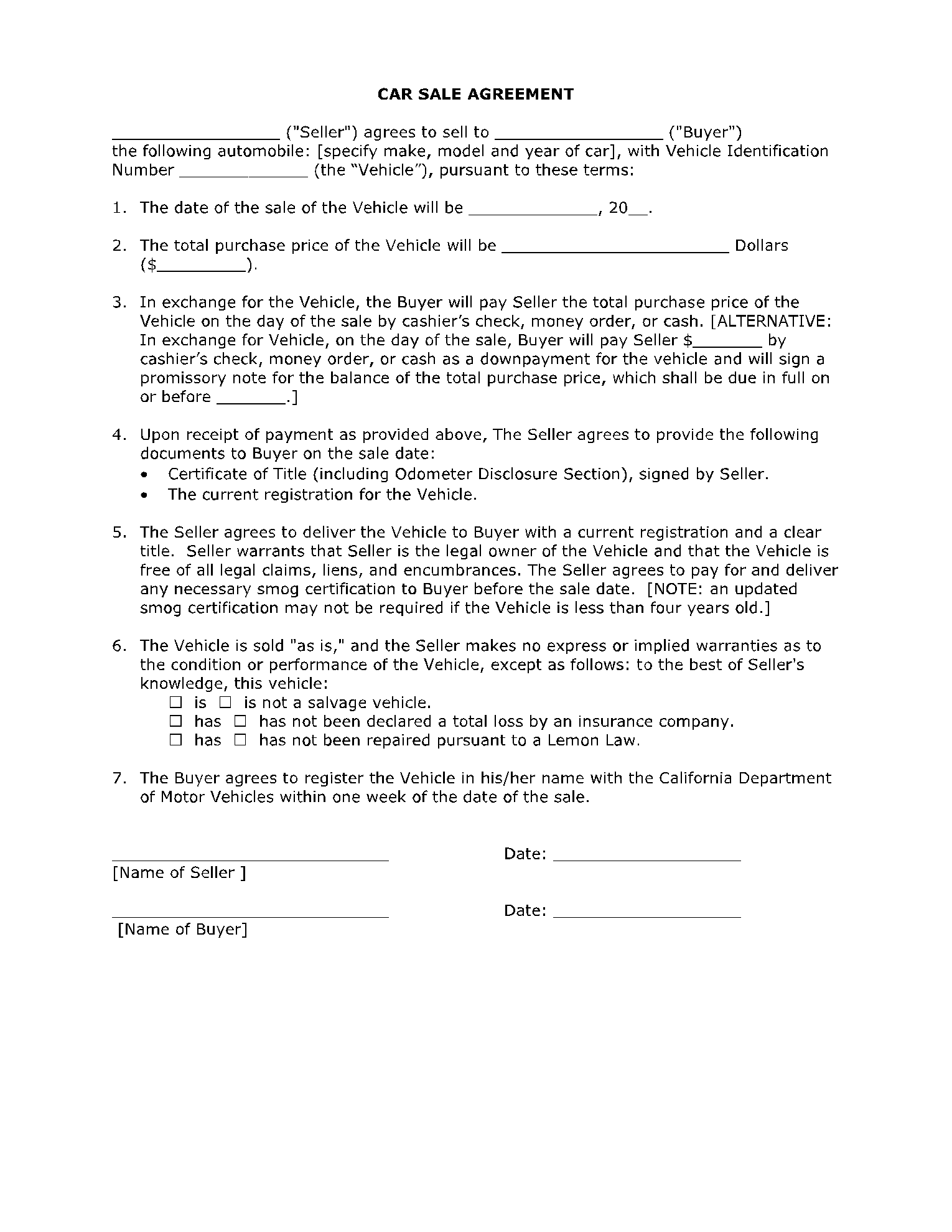 Sample Car Buying Agreement Template Sample Car Buying Agreement Template