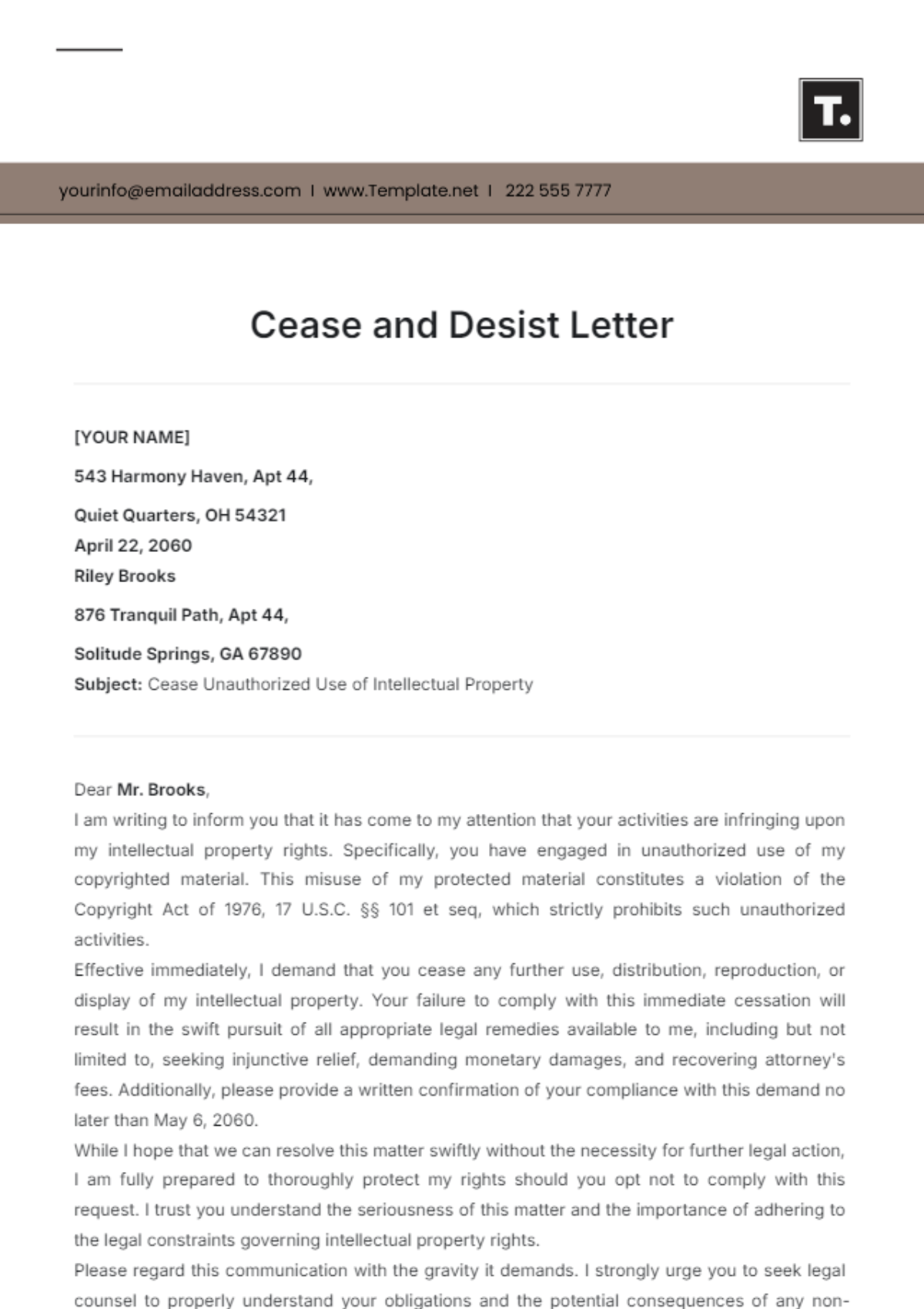 Sample Cease and Desist Letter Template Sample Cease and Desist Letter Template