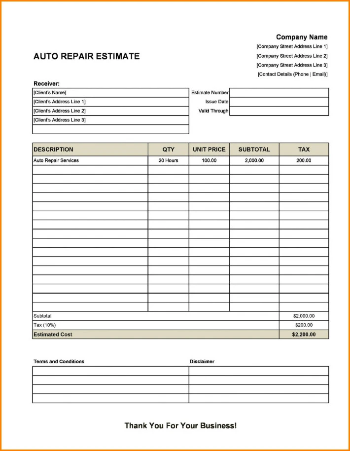 Sample of Auto Repair Estimate Template