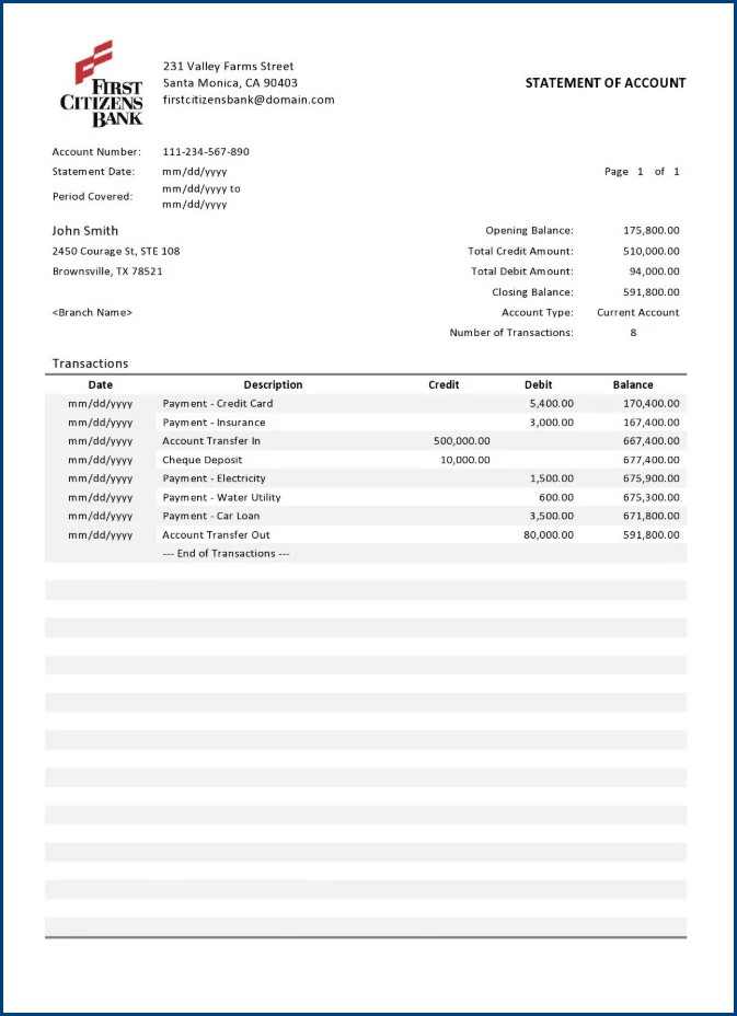 Sample of Bank Statement Template