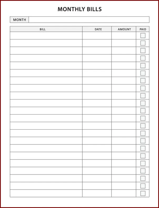 Sample of Bill Organizer Template