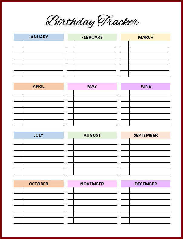 Sample of Birthday Calendar Template