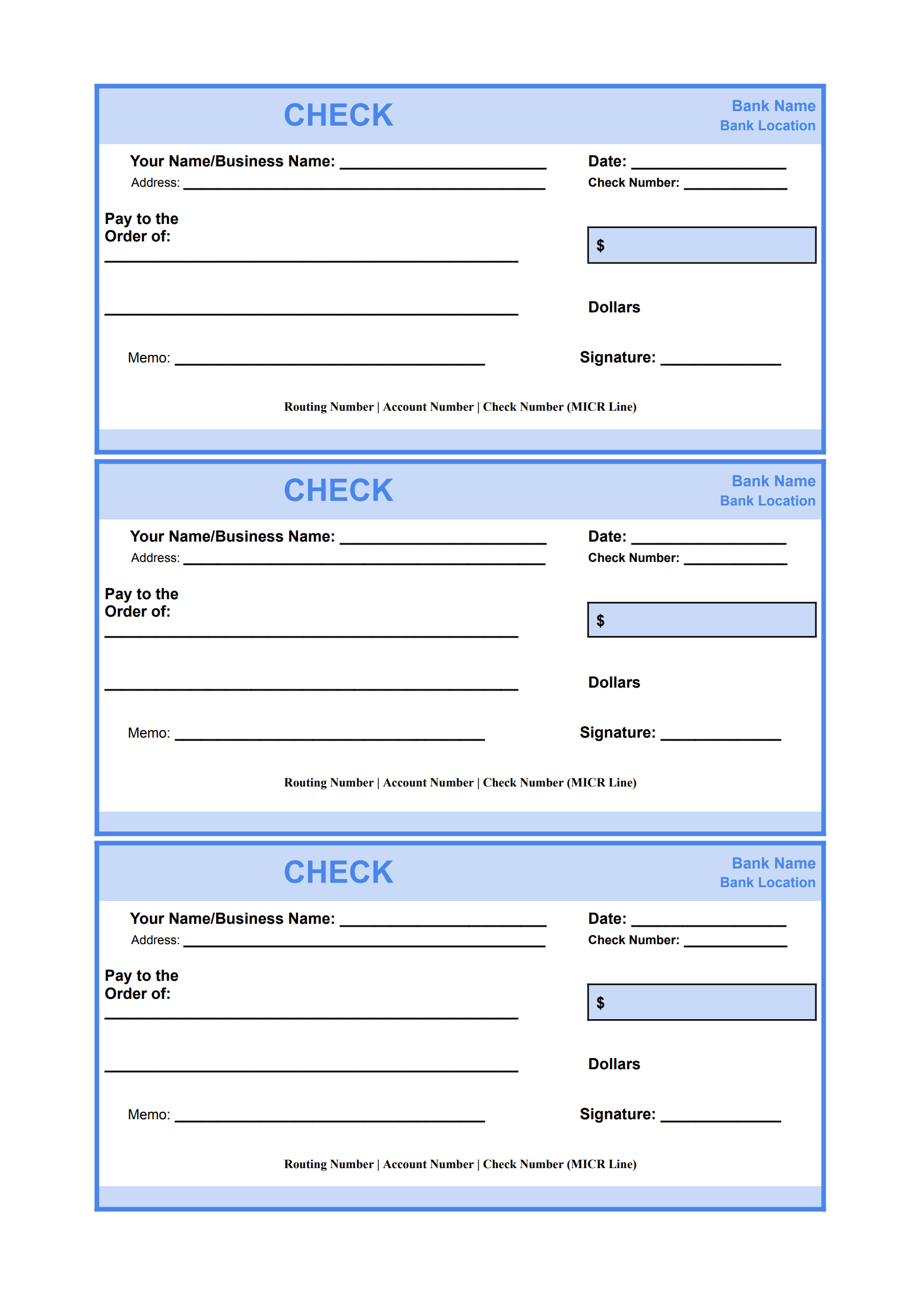 Sample of Blank Check Template
