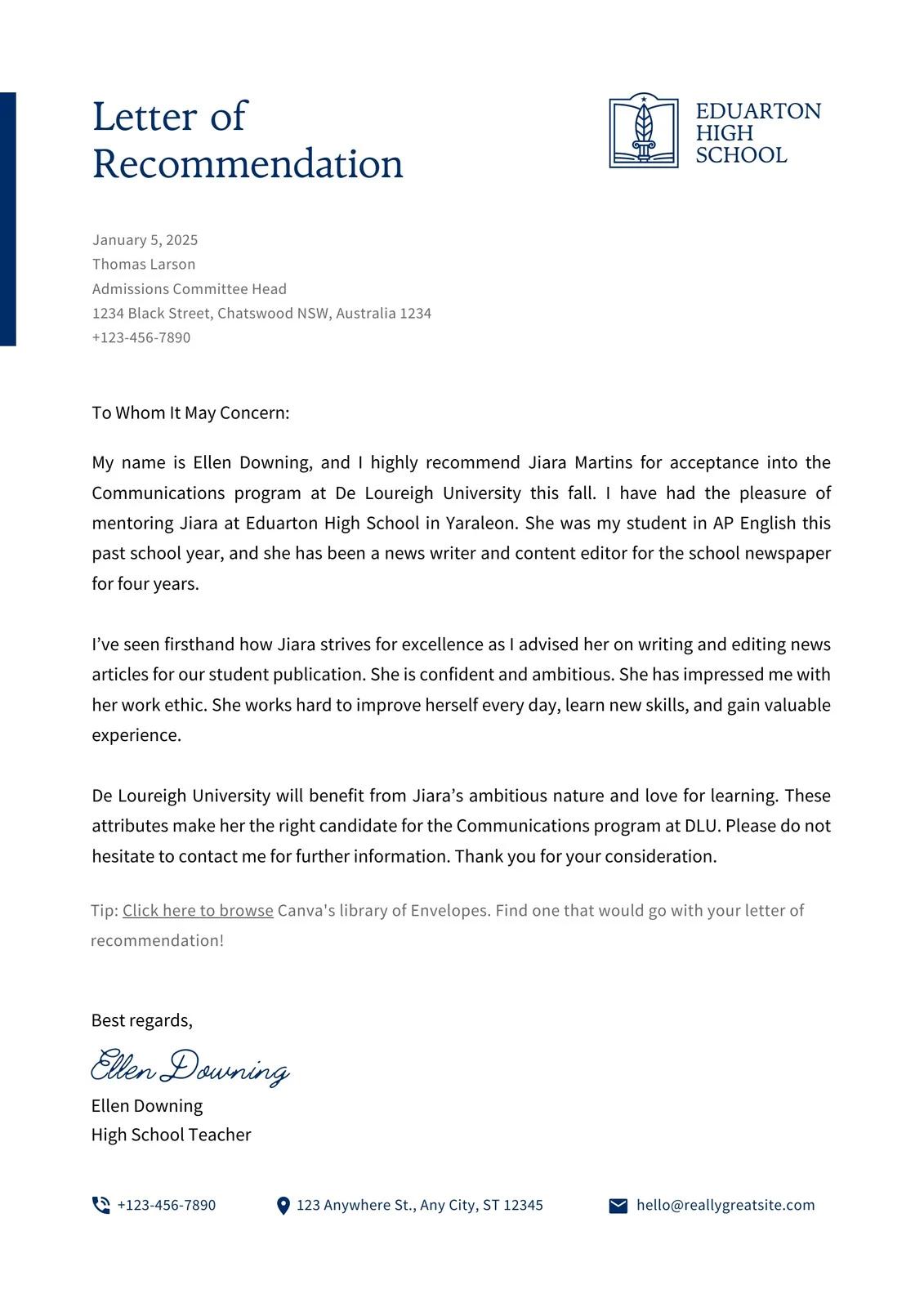 Professional Letter Of Recommendation Template