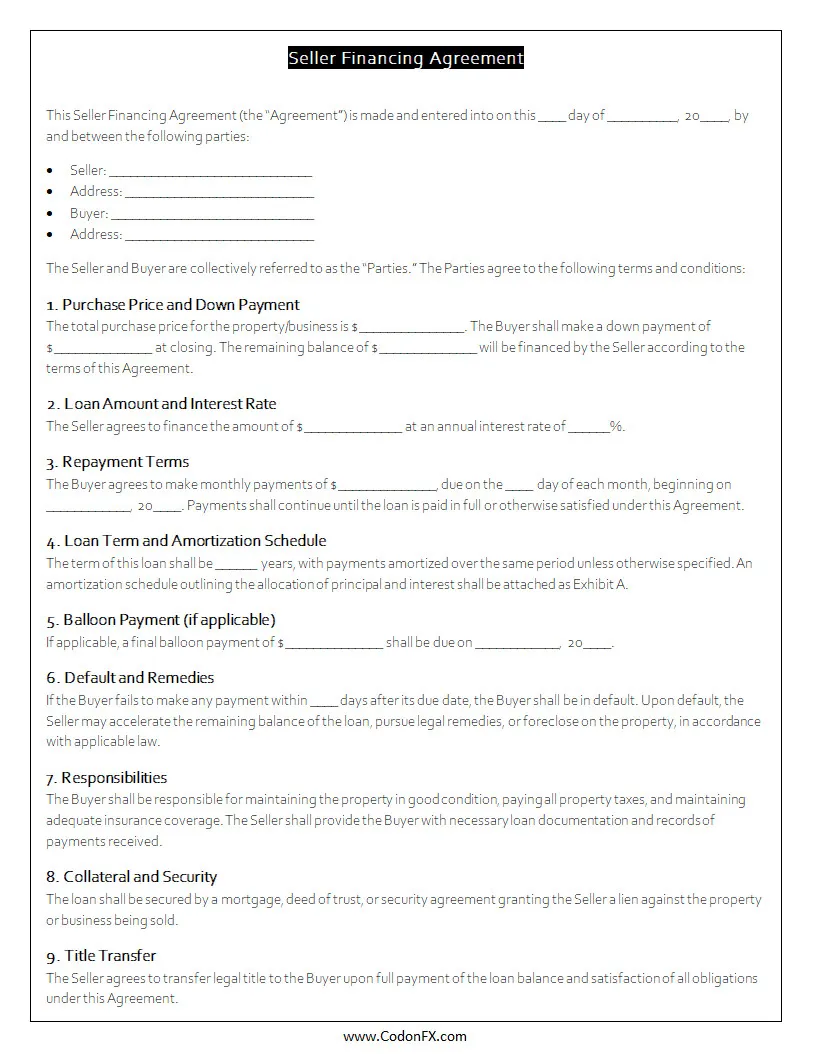 Seller Financing Agreement Template Word