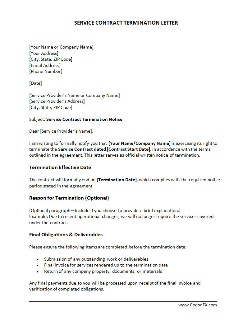 Service Contract Termination Letter Template