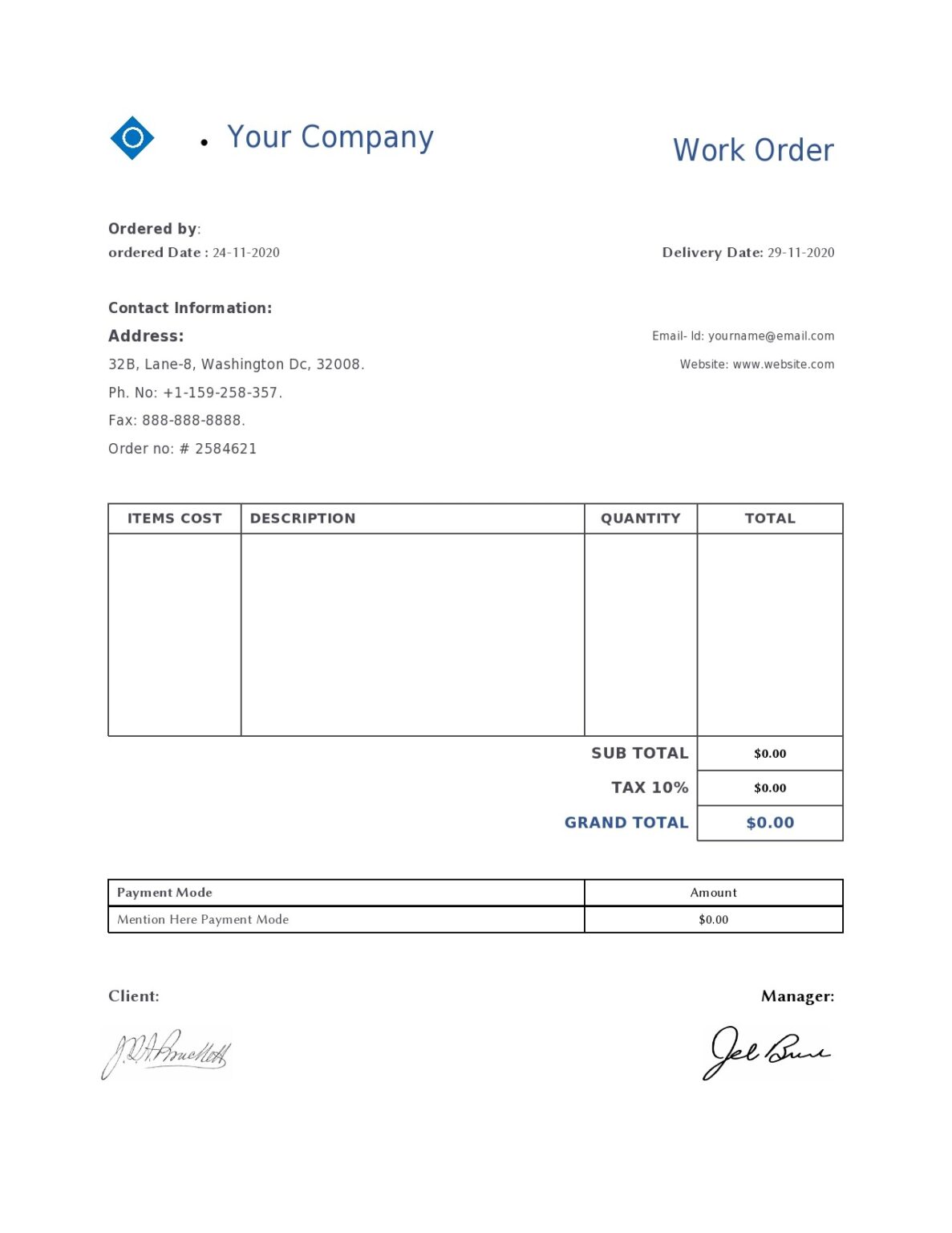 Free Printable Service Order Template