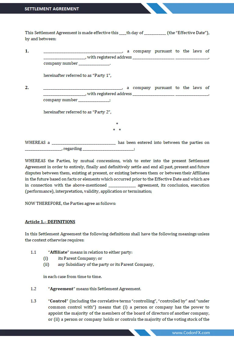 Settlement Agreement Template Word
