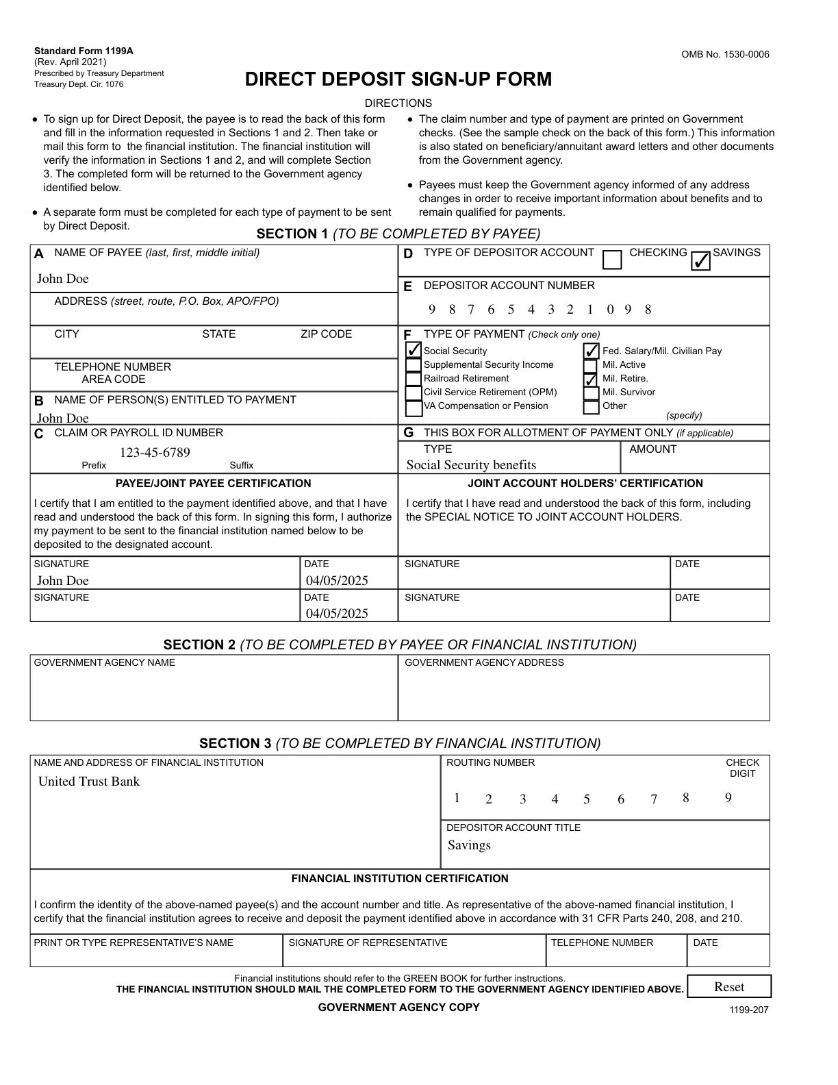 Social Security Direct Deposit Form Social Security Direct Deposit Form Template
