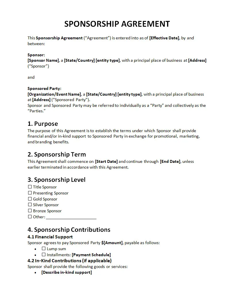 Simple Sponsorship Agreement Template Word