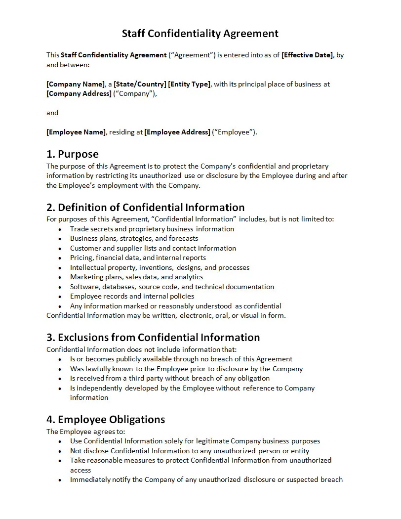 Staff Confidentiality Agreement Template Word