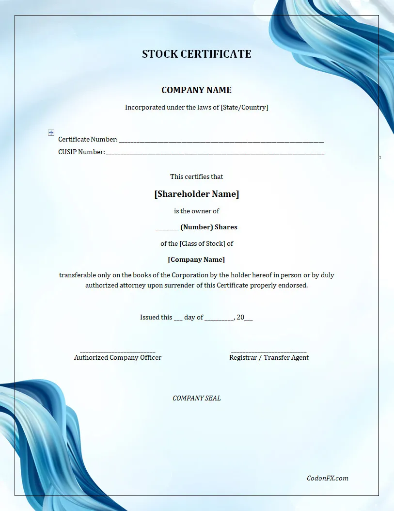 Simple Stock Certificate Template Word