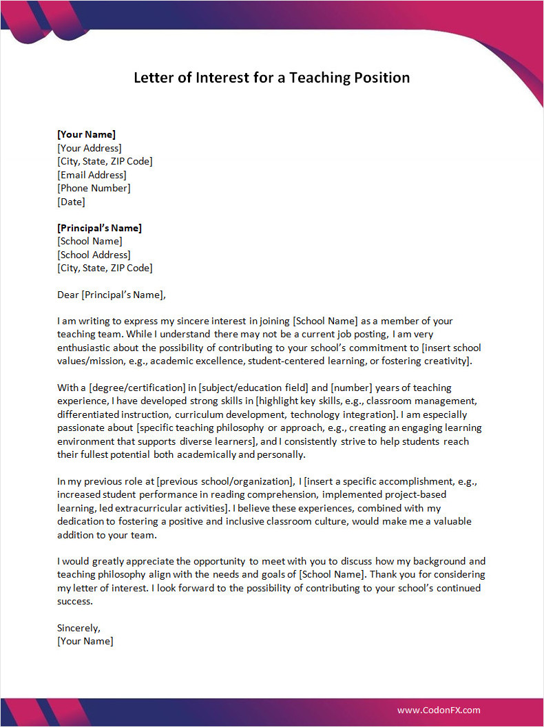 Teacher Letter of Interest Template