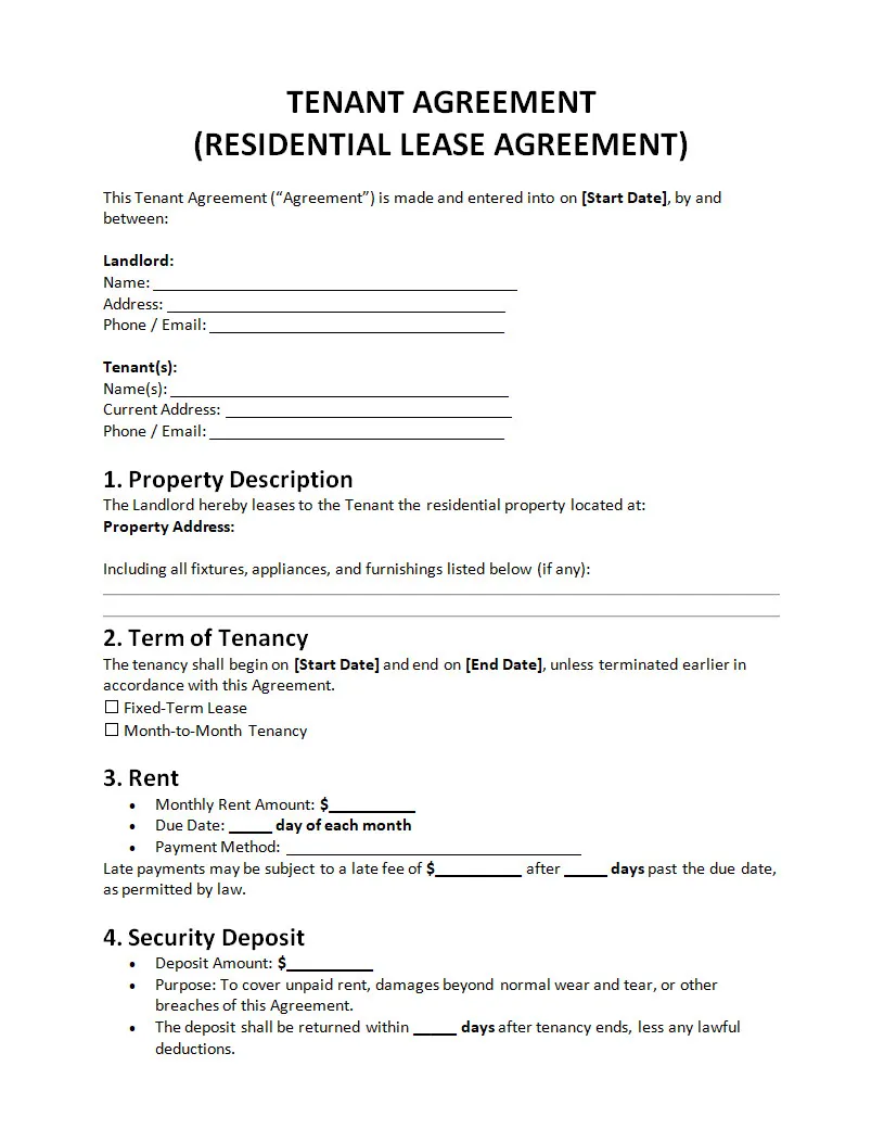 Tenant Agreement Template Word