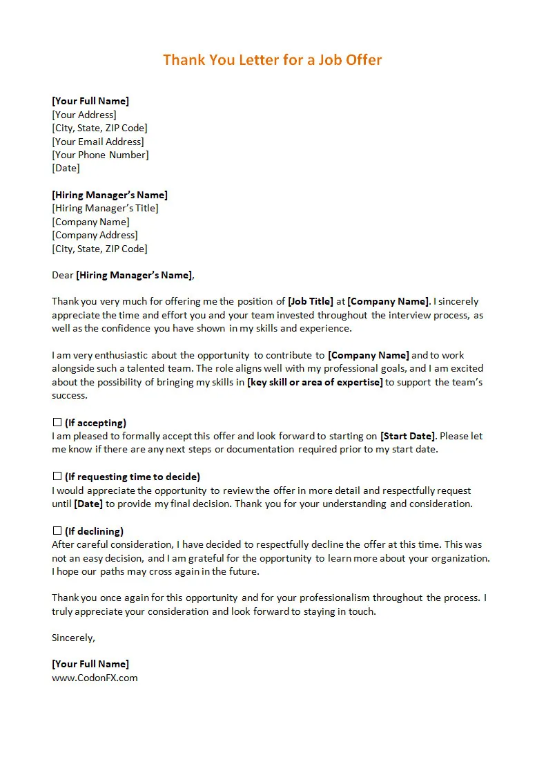 Thank You Letter Template for a Job Offer Thank You Letter Template for a Job Offer