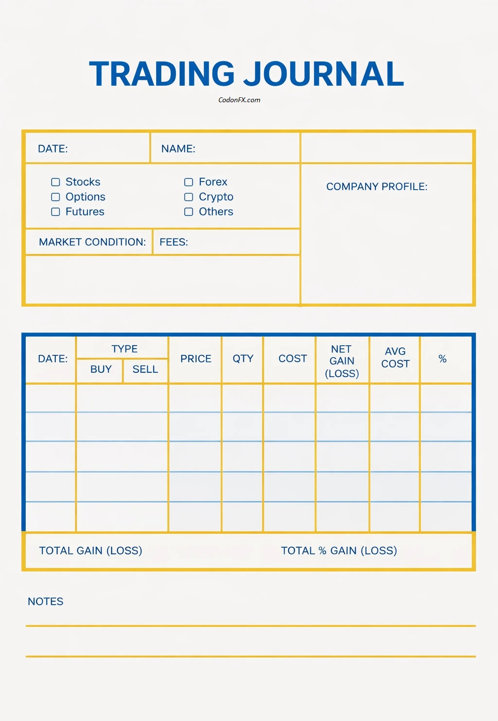 Trading Journal Template Simple Blank Trading Journal Template