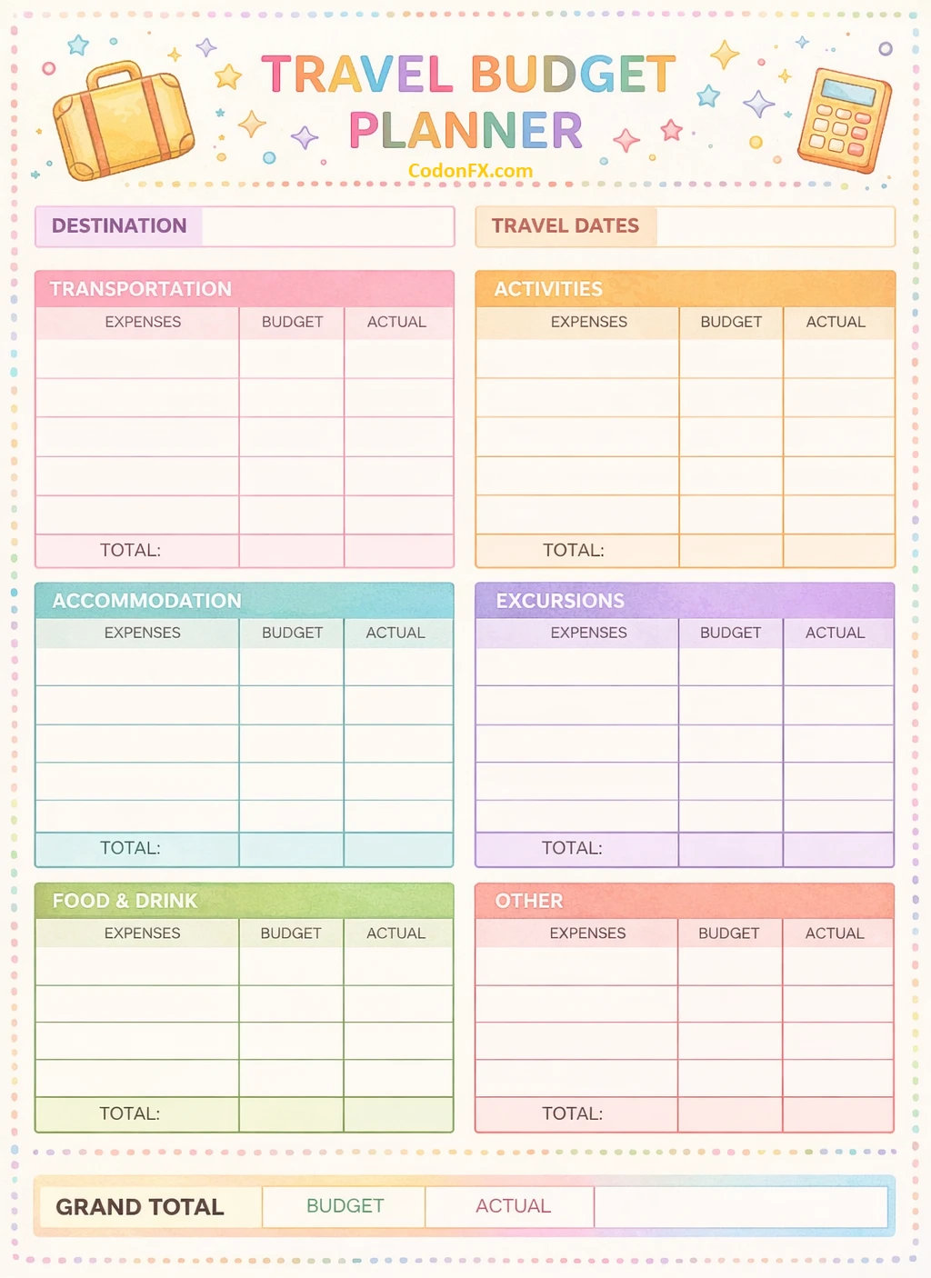 Simple Blank Travel Budget Template PDF