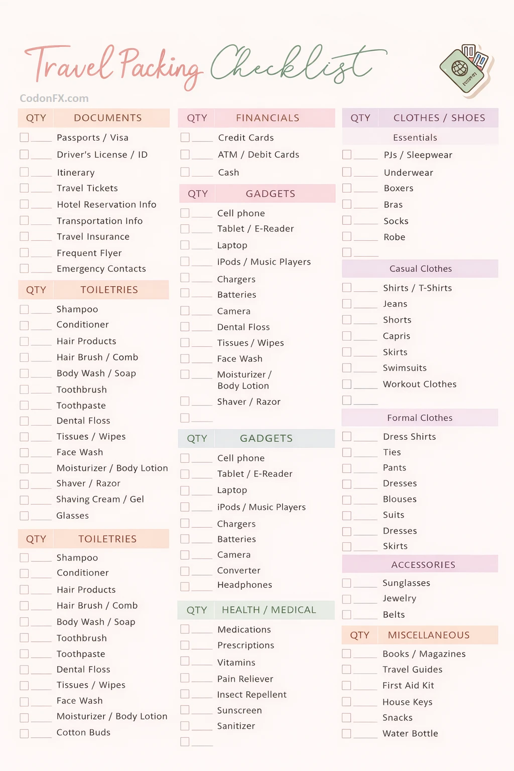 Simple Travel Packing Checklist Template