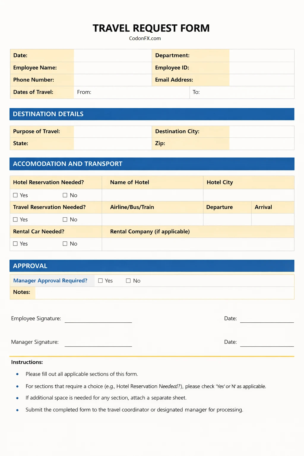Simple Blank Travel Request Form Template